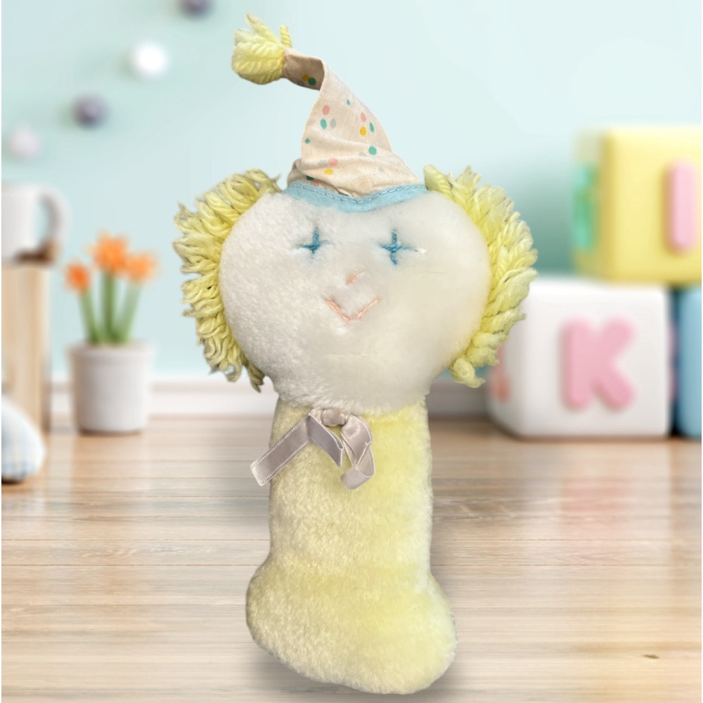 Vtg EDEN CLOWN Pastels  Baby RATTLE STUFFED ANIMAL PLUSH TOY
